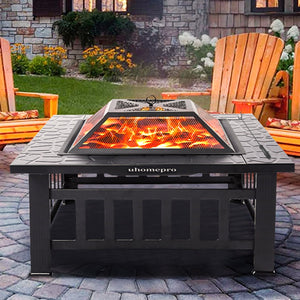 Wood Burning Fire Pit Tables, Heavy Metal Square Fire Pit with Mesh Screen Lid, Poker, Multifunctional Backyard Patio Garden Stove Fire Pit/Ice Pit/BBQ Fire Pit, Black Faux-Stone Finish, W6459