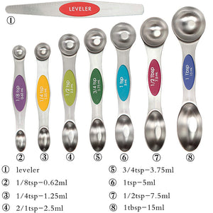Magnetic Stainless Steel Measuring Spoons - Set of 8 Metal Measurement Spoon for Dry and Liquid Ingredients - BPA Free Teaspoon and Tablespoon for Home, Kitchen, Baking, Cooking, I2177