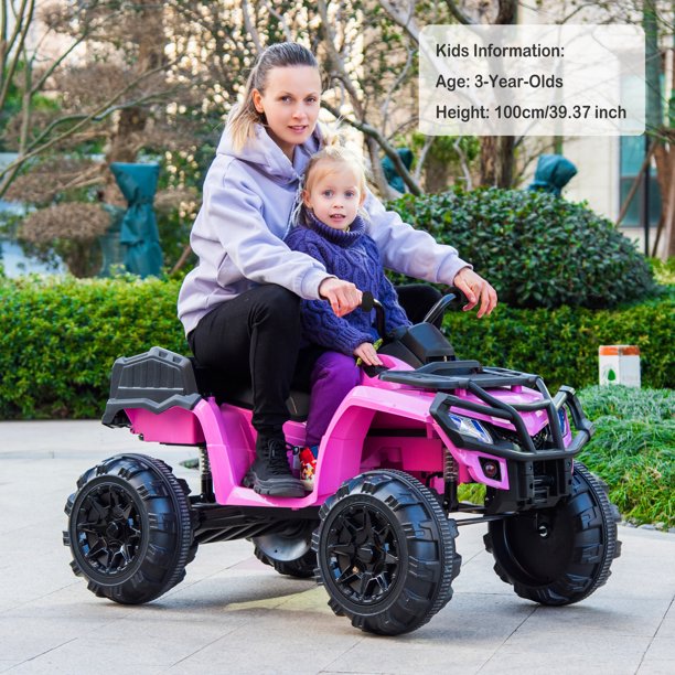 Quad ATV Ride On Cars for Kids, Battery Powered 12 Volt Ride ON Toys with Remote Control, Back Bucket, LED Lights&MP3 Player, ATV Motorcycle for 3-8 Years Old Boys Girls Gifts, Pink, W15842