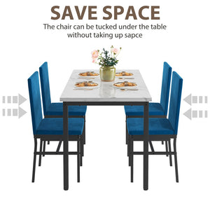 5 Piece Dining Room Table Set, Dining Table Sets with Blue Velvet Upholstered Chairs for 4, Marble Pattern Kitchen Table Set with White Tabletop for Home, Kitchen, Living Room, Restaurant, L931