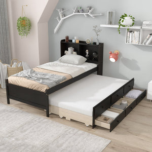 uhomepro Kids Bed with Bookcase, Trundle, Drawers, No Box Spring Needed