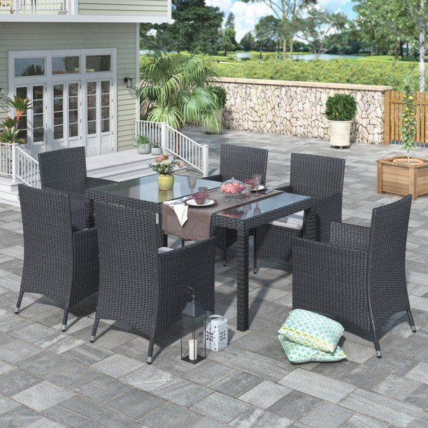 Patio Conversation Set, 7PCS Wicker Outdoor Dining Set, Rattan Dining Table and Chairs Set, Patio Furniture Set for Garden, Balcony, Poolside, Backyard Seating, Black Wicker+Beige Cushion, W9391