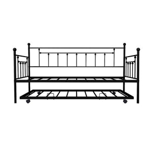Twin Bed with Trundle Frame Set, Heavy Duty Vintage Metal Daybed wth Roll Out Trundle and Slat Support, Platform Bed Frame No Box Spring Needed, for Kid Room Living Room Guest Bedroom, Black, W01