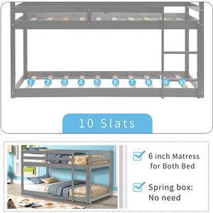 uhomepro Solid Wood Low Bunk Bed for Kids, Twin Over Twin Floor Bunk Bed with Safety Rail, Ladder, Q15
