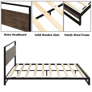 Queen Bed Frame No Box Spring Needed, Metal Platform Bed Frame with Headboard, Bed Frame for Bedroom, Queen Size Bed Frames for Adult Kid, Antique Baking Paint Iron-Art Bed, Black, W01