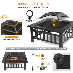 Fire Pits for Outside, 32" Wood Burning Fire Pit Tables with Screen Lid, Poker, Backyard Patio Garden Outdoor Fire Pit/Ice Pit/BBQ Fire Pit, Black
