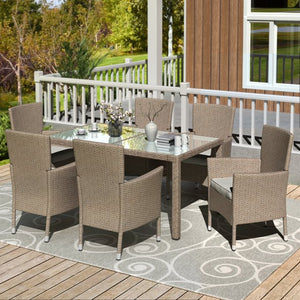 7 Pieces Patio Furniture Dining Set, Rattan Dining Table and Chairs Set, Conversation Set with Cushions, Outdoor Dining Set for Garden, Balcony, Poolside, Backyard, Brown Wicker+Beige Cushion, W9386