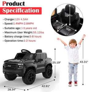 12 volt Ride on Car for Boys, Black Chevrolet Silverado Ride on Toys for Kids, Powered Ride on Pick up Truck with Remote Control, 3 Speed Electric Cars Gifts for Girls, LED Lights, MP3 Music, CL