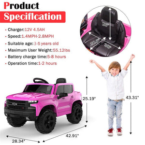 12V Ride on Toys, Chevrolet Silverado Kids Ride on Cars with Remote Control, Powered Ride on Pick up Truck for Boys Girls, Pink Electric Cars for Kid to Ride, LED Lights, MP3 Music, CL173