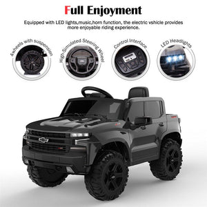 Electric Vehicles for Kids, Chevrolet Silverado 12V Ride on Toys with Remote Control, Ride on Cars for Boys Girls, Black Ride on Pick up Truck, LED Lights, MP3 Music, Foot Pedal, CL224