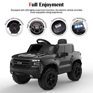 Ride on Truck with Remote Control, Chevrolet Silverado 12V Ride on Toys, Ride on Cars for Boys Girls, Black Electric Cars for Kids to Ride, LED Lights, MP3 Music, Foot Pedal, CL221