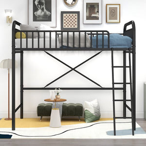 uhomepro Twin Size Metal Loft Bed Frame with Ladder, No Box Spring Needed, Black