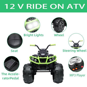Kids Electric Ride ON Toys, 12 Volt Quad Ride ON Cars Battery Powered ATV with MP3 Player, 2 Speed, LED Lights, Radio, Powered Motorcycle for Boys Girls 3-4 Years Old, Green, W1879