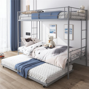 Twin over Twin Bunk Bed for Kids, Heavy Duty Metal Bunk Bed with Trundle, Silver Bunk Beds for Kids, Bunk Bed with Ladder and Rail for Boys Girls, Twin over Twin Bunk Bed for Bedroom/Dorm, CL780