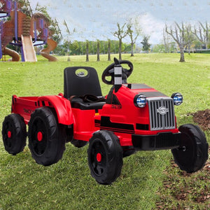 12 Volt Ride On Car with Remote Control, URHOMEPRO Kids Electric Tractor Toy with Trailer, Battery Powered, Led Headlights, Horn, MP3 Player, USB Port, Kids Ride on Toys for Boys Girls, Red, W13500