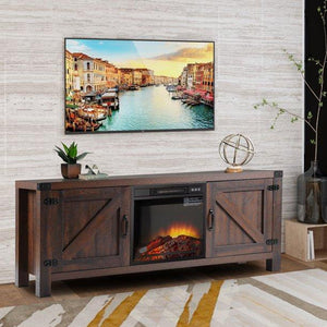 Electric Fireplace TV Stand with Remote, Farmhouse TV Console for TVs up to 65", Universal TV Stand w/Cabinet&Shelf, Fireplace Space Heater, Media Entertainment Center for Living Room, Brown, W15027