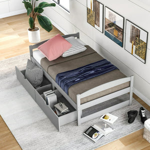 uhomepro Twin Bed Frames with Drawers, Solid Wood Platform Bed Frame with Storage Drawers, Twin Size Daybed Bed for Kids Teens Adults, No Box Spring Needed, Gray