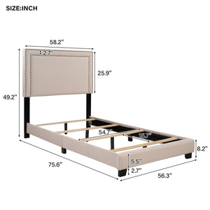 uhomepro Full-Size Platform Bed, Modern Upholstered Platform Bed with Headboard, Beige Heavy Duty Bed Frame with Wood Slat Support for Adults Teens Children, Box Spring Required, I7674