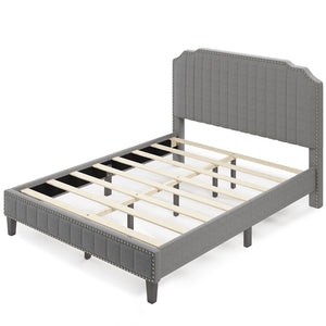 Clearance! Full Platform Bed Frame, UHOMEPRO Modern Upholstered Platform Bed with Headboard, Grey Heavy Duty Bed Frame with Wood Slat Support for Adults Teens Children, No Box Spring Required,I7710
