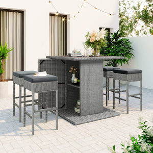 uhomepro Patio Counter Height Dining Table and Chair Set of 5, Gray Wicker Patio Furniture Sets with Gray Cushion and Storage Cabinet, Outdoor Conversation Sets for Backyard Porch Poolside Garden