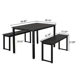 3 Piece Dining Table Set, Modern Style Wood Table Top Dining Table Set with Bench and Metal Frame, Breakfast Nook Dining Room Set, Dining Set for 4, Kitchen Living Dining Room Furniture, Black, W01