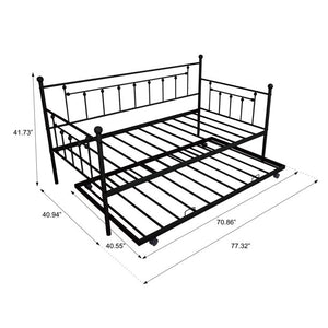 Twin Bed with Trundle Frame Set, Heavy Duty Vintage Metal Daybed wth Roll Out Trundle and Slat Support, Platform Bed Frame No Box Spring Needed, for Kid Room Living Room Guest Bedroom, Black, W01