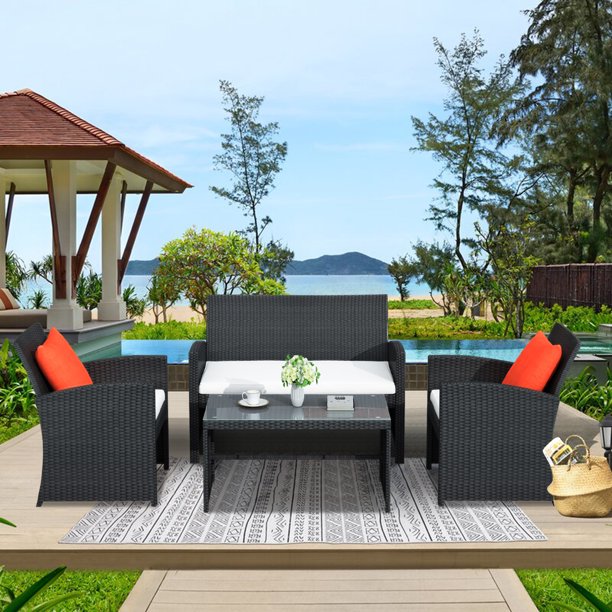 uhomepro 4 Piece Bistro Patio Set, Rattan Outdoor Patio Furniture Dining Sets with Coffee Table, Wicker Conversation Sets for Backyard Poolside Garden, Brown, W11299