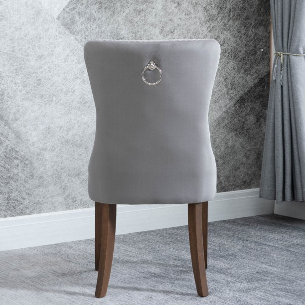 Dining Room Chairs Set of 2, Tufted Velvet Studded Dining Chair with Solid Wood Legs, Armless Upholstered Accent Side Chair Victoria, Kitchen, Bedroom, Living Room Chair, Modern Furniture, Gray, W5876