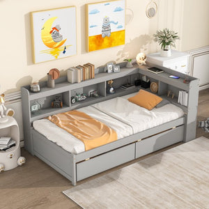 Kids Bed Frame with L-shaped Bookcase and Drawers, No Box Spring Needed