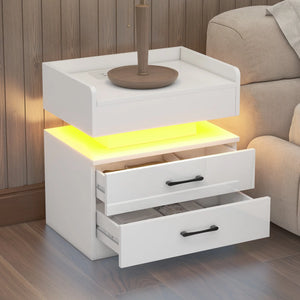 uhomepro Wood Nightstand with Wireless Charging Station, USB Charging Port, LED Lights, Modern Smart Bedside Table with Storage Drawers for Bedroom