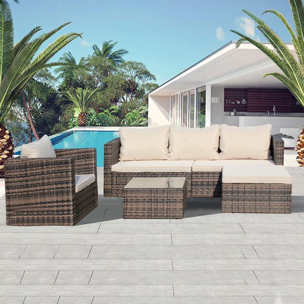 Wicker Bistro Patio Sets, 4 Piece Outdoor Rattan Patio Furniture, Patio Sectional Sofa with 3-seater Sofa, Single Sofa, Ottoman and Table, Patio Conversation Sets for Backyard Poolside Garden, W15924