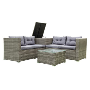 Outdoor Patio Furniture Sets, 4 Piece Rattan Wicker Outdoor Sectional Sofa Set, Bistro Patio Dining Set with Storage Box and Coffice Table, Garden Lawn Patio Conversation Set, Gray Cushion, W7995