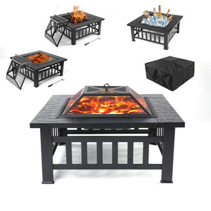 Fire Pits for Outside, UHOMEPRO 32" Wood Burning Fire Pit Tables with Screen Lid, Poker, Outdoor Fire Pit Patio Set, Backyard Patio Garden Stove Fire Pit/Ice Pit/BBQ Fire Pit, Black, W6460