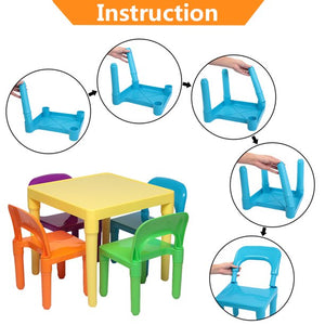 kids Table and 4 Chair Set, Easy Clean 5 Pcs Toddler Table and Chair Set, Child Art Table/Study/Picnic/Activity/Dining Table, Playroom Furniture for 3+ Years Old Boy/Girl, Multicolor, W5560