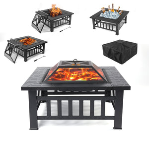 32" Outdoor Fire Pit, Square Metal Fire Pit with Mesh Screen Lid, Poker, Heavy Backyard Patio Garden Stove Fire Pit/Ice Pit, Portable Wood Burning BBQ Fire Pit, Black Faux-Stone Finish, W6461