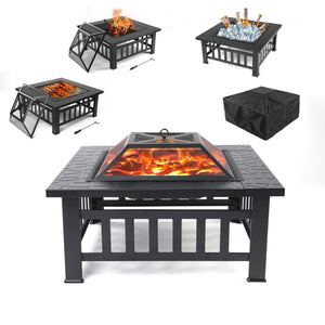 Wood Burning Fire Pit Tables, Heavy Metal Square Fire Pit with Mesh Screen Lid, Poker, Multifunctional Backyard Patio Garden Stove Fire Pit/Ice Pit/BBQ Fire Pit, Black Faux-Stone Finish, W6459