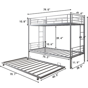 Twin over Twin Bunk Bed for Kids, Heavy Duty Metal Bunk Bed with Trundle, Silver Bunk Beds for Kids, Bunk Bed with Ladder and Rail for Boys Girls, Twin over Twin Bunk Bed for Bedroom/Dorm, CL780