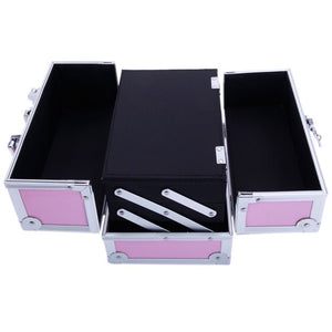 Professional Makeup Train Case, Aluminum Cosmetic Organizer Storage Box with Mirror, Extendable Trays, Makeup Travel Organizer Jewelry Box, Storage Makeup Brushes, Nail Polish, Lipstick, Pink, W5359