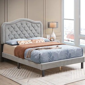 Grey Queen Bed Frame, Modern Velvet Upholstered Platform Bed Frame with Headboard, Heavy Duty Button Tufted Bed Frame with Wood Slat Support, Easy Assembly, No Box Spring Needed