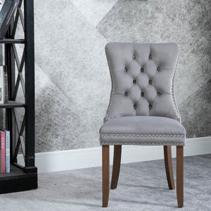 Dining Room Chairs Set of 2, Tufted Velvet Studded Dining Chair with Solid Wood Legs, Armless Upholstered Accent Side Chair Victoria, Kitchen, Bedroom, Living Room Chair, Modern Furniture, Gray, W5876