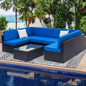 Wicker Patio Furniture Set, 7 Piece Outdoor Conversation Set with Coffee Table and Patio Sofa, All-Weather Black Rattan Sofa Sectional Furniture Set, Outdoor Dining Set for Backyard, Poolside, W2227
