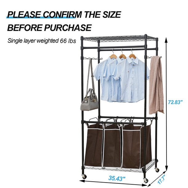 uhomepeo Clothes Rack Sorter Rolling Cart with 3 Bag Laundry, Garment Rack Hanging Rod, 2 Hooks and 4 Wheels, Black