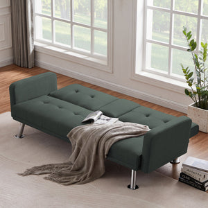 uhomepro Modern Sofa Bed, Mid Century Sectional Sofa with Metal Legs, 2 Cup Holders, Upholstery Fabric Futon Sofa Bed, Love Seat Living Room Bedroom Furniture for Small Space