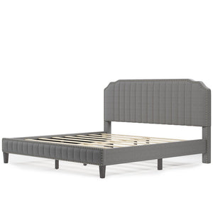 King Platform Bed Frame, UHOMEPRO Modern Upholstered Platform Bed with Headboard, Grey Heavy Duty Bed Frame with Wood Slat Support for Adults Teens Children, No Box Spring Required, I7702