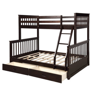 White Twin Over Full Bunk Bed, Twin Over Full Bunk Beds with 2 Storage Drawers, Solid Wood Bunk Beds with Ladder and Safety Rail, No Box Spring Required, Bunk Beds for Kids&Teen Room, W7113