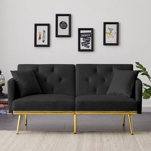 uhomepro Modern Sofa Bed, Mid Century Sectional Sofa with Metal Legs, 2 Pillows, Upholstery Velvet Futon Sofa Bed, Love Seat Living Room Bedroom Furniture for Small Space Office