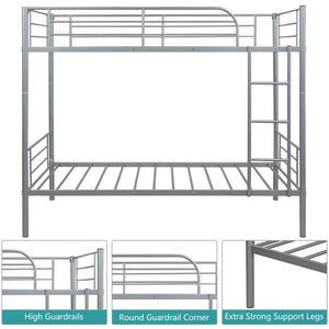 Twin Over Twin Bunk Beds, Modern Metal Bunk Bed Frame for Kids Teens, Metal Twin Bunk Beds with Removable Ladder, Space-Saving Design Loft Bed for Office, Dorm, School, Home, Gray, W704