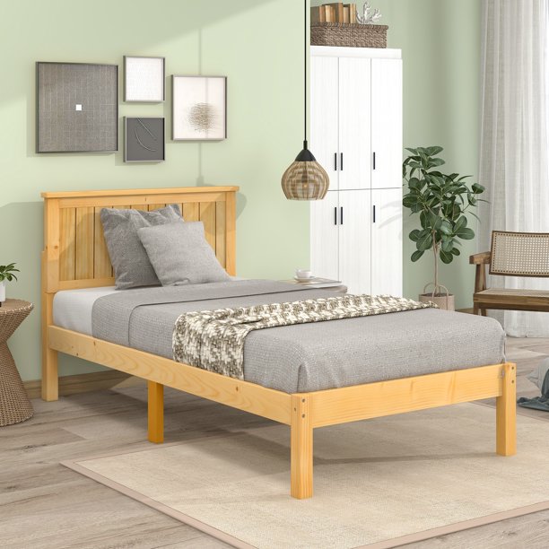 Twin Bed Frame with Headboard, Solid Wood Twin Platform Bed Frame with Strong Slat, Twin Bed for Boys, Girls, Kids, Teens and Adults, No Box Spring Needed