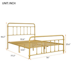 Full Bed Frame No Box Spring Needed, Metal Platform Bed Frame with Headboard and Footboard, Bed Frame for Bedroom, Full Size Bed Frames for Adult Kid, Antique Baking Paint Iron-Art Bed, Yellow, W14002