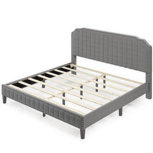 King Platform Bed Frame, UHOMEPRO Modern Upholstered Platform Bed with Headboard, Grey Heavy Duty Bed Frame with Wood Slat Support for Adults Teens Children, No Box Spring Required, I7702